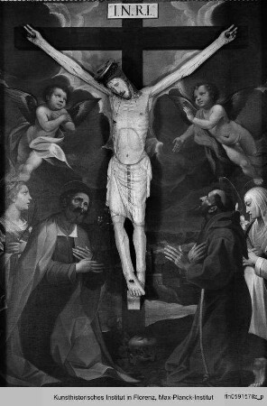 Die Anbetung des Kreuzes durch Engel, den Heiligen Joseph den Heiligen Franziskus und zwei Heilige Frauen, Rahmung des Holzkruzifixes