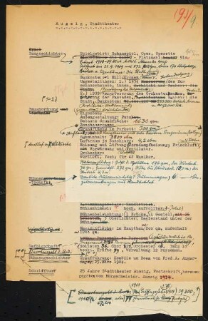 Stadttheater, Aussig: Schriftstück zum Fragebogen für das Handbuch »Das Deutsche Theater«