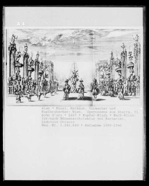 Opernszene aus Francesco Sbarras "Il pomo d'oro"; Mit Bühnenarchitektur von Ludovico Ottavio Burnacini