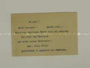 Hektografierter Handzettel mit den Worten Hitlers bei seiner Festnahme nach dem mißlungenen Putsch 1923