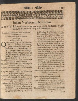 Index Verborum, & Rerum In hoc IV. Libro contentorum, ubi prior numerus paginam, alter numerum marginalem denotat