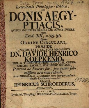 Exercitatio Philologico-Biblica, De Donis Aegyptiacis, Qvibus Abeuntes Israelitae Donati Fuere, Juxta Exod. XII, v. 35. 36.