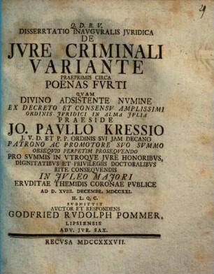 Dissertatio Inavgvralis Jvridica De Jvre Criminali Variante Praeprimis Circa Poenas Fvrti