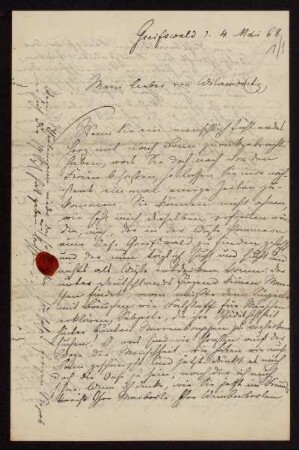 Brief von Siegfried Bormann an Ulrich von Wilamowitz-Moellendorff, Greifswald, 4.5.1868