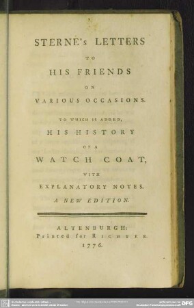 Sterne's Letters To His Friends On Various Occasions