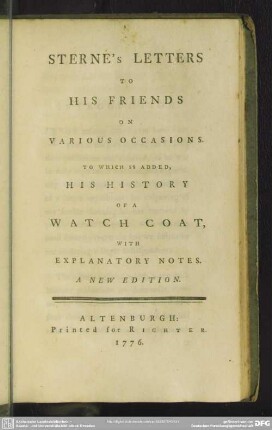 Sterne's Letters To His Friends On Various Occasions