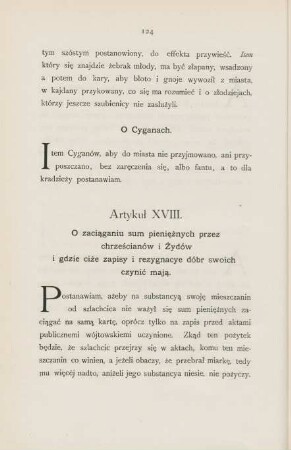 Artykul XVIII. O zaciaganiu sum pienieznych przez chrzescianow i zydow ...