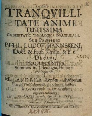 De Tranquillitate Animi Tutissima, Dissertatio Theologica Inauguralis