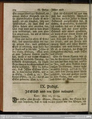 IX. Predigt. JESUS wird von Petro verleugnet. Text: Luc. 22, 31-34