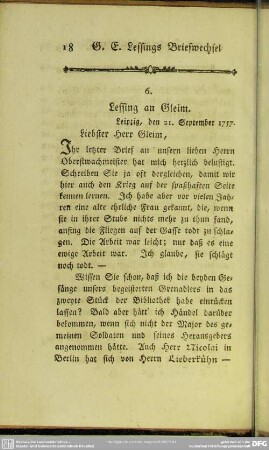 6. Lessing an Gleim. Leipzig, den 21. September 1757
