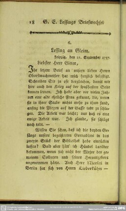 6. Lessing an Gleim. Leipzig, den 21. September 1757