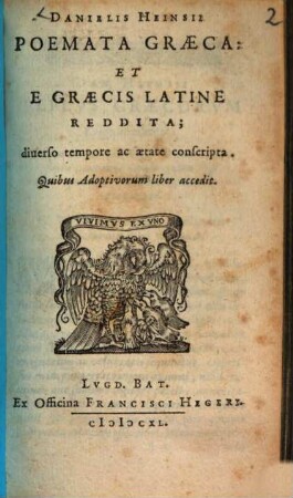 Poemata graeca et e Graecis latine reddita : diverso tempore ac aetate conscripta ; Quibus Adoptivorum liber accedit