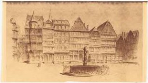 Restaurant Heyland, Römerberg, Frankfurt/Main: (Lichtpause von Inv.Nr. 35498): Perspektivische Ansicht vom Brunnen