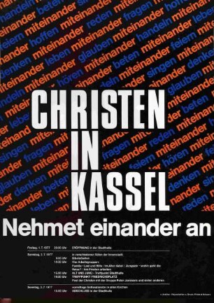 Plakat nach einem Entwurf von Dieter von Andrian für die Veranstaltungsreihe in der Stadthalle sowie verschiedenen Sälen und Kirchen in Kassel "Christen in Kassel - Nehmet einander an"