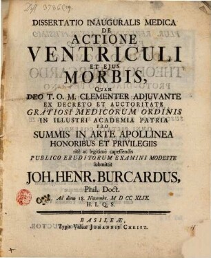Diss. inaug. med. de actione ventriculi et eius morbis