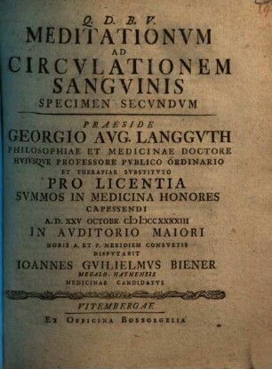 Meditationum Ad Circulationem Sanguinis Specimen ..., Secundum