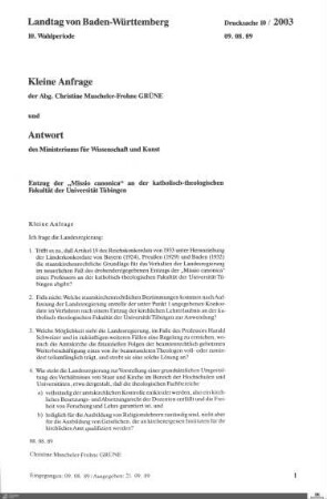 Anfrage der Grünen: Entzug der "Missio canonica" an der Kathol.-Theol. Fakultät Tübingen