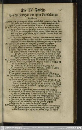 Die IV Tabelle. Von den Knochen und ihren Verbindungen überhaupt
