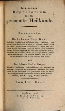Kritisches Repertorium für die gesammte Heilkunde. 12. 1826
