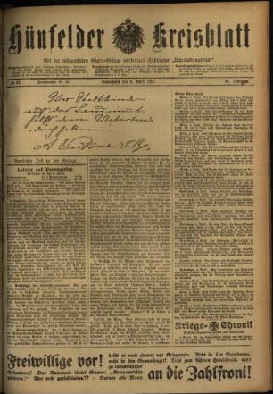 Erste Ausgabe vom Samstag, den 06. April 1918.