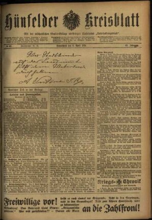 Erste Ausgabe vom Samstag, den 06. April 1918.