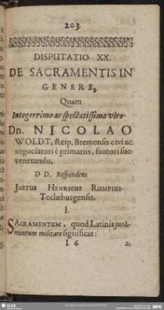 Disputatio XX. De Sacramentis In Genere