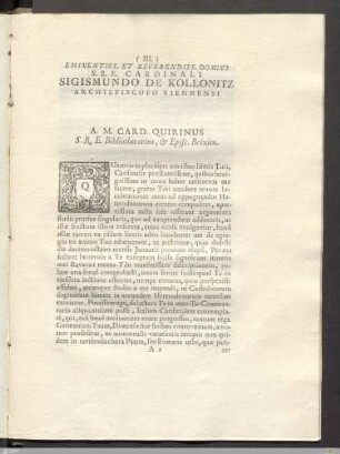 Eminentiss. Et Reverendiss. Domino S. R. E. Cardinali Sigismundo De Kollonitz Archiepiscopo Viennensi