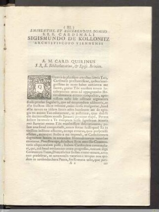 Eminentiss. Et Reverendiss. Domino S. R. E. Cardinali Sigismundo De Kollonitz Archiepiscopo Viennensi