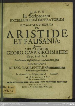 In scriptorem excellentium imperatorum dissertatio de Aristide et Pausania