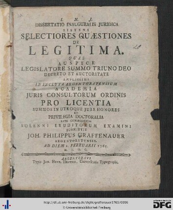 Dissertatio Inauguralis Juridica Sistens Selectiores Quaestiones De Legitima