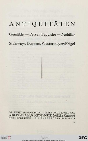 Antiquitäten : Gemälde, Perser Teppiche, Mobiliar, Steinway-, Duysen-, Westermeyer-Flügel ; [29. April und 30. April 1936]