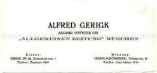 Visitenkarte des Journalisten Gerigk aus der Sammlung des Reichskanzlers Marx / Kategore "Presse" - Sachkonvolut
