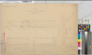 Zeichnung zur Erbauung eines Güterschuppens auf Bahnhof Elten: Ansicht, Grundriß, Schnitt, Lageplan, M. 1:100 und M. 1:200 Hga, Sknr.: 1, Fanr.: 8, Bunr.: 1