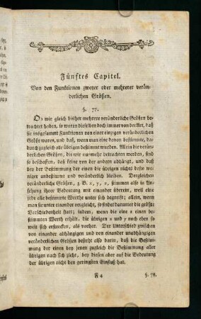 87-101, Fünftes Capitel. Von den Funktionen zweyer oder mehrerer veränderlichen Größen.