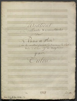 Variations, pf, fl, C-Dur, Arr - BSB Mus.Schott.Ha 2626-2 : [title page, fl] Variations // Brillantes & concertantes // pour Piano et Flute // Sur la cavatine favorite de Semiramis de Rossini // tirées de l'oeuvre 37 de Mayseder // par Tulou