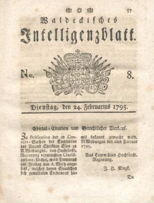 No. 8, Dienstag, den 24. Februarius 1795