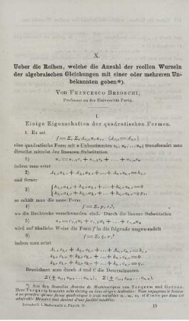 X. Ueber die Reihen, welche die Anzahl der reellen Wurzeln der algebraischen Gleichungen mit einer oder mehreren Unbekannten geben.