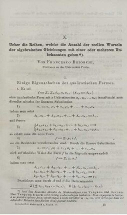 X. Ueber die Reihen, welche die Anzahl der reellen Wurzeln der algebraischen Gleichungen mit einer oder mehreren Unbekannten geben.
