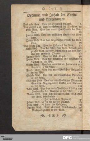 Ordnung und Inhalt der Capitel und Abtheilungen