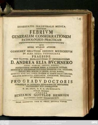Dissertatio Inavgvralis Medica Sistens Febrivm Generalem Considerationem Pathologico-Practicam