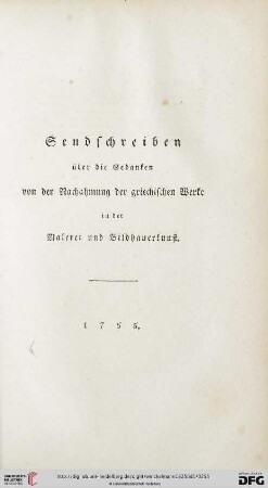 Sendschreiben über die Gedanken von der Nachahmung der griechischen Werke in der Malerei und Bildhauerkunst