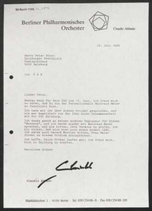 Brief an Peter Stein an Salzburger Festspiele, 20.06.1994