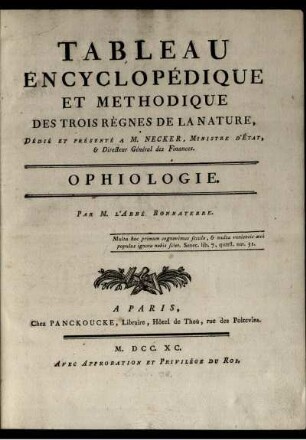 [540]: Encyclopédie méthodique, ou par ordre de matières. [540]. Tableau encyclopédique et méthodique des trois règnes de la nature.