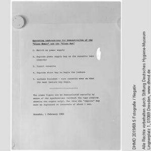 Bedienungsanweisung für technische Unterlagen - "Operating instructions for demonstrating of the Glass Woman and the Glass Man"
