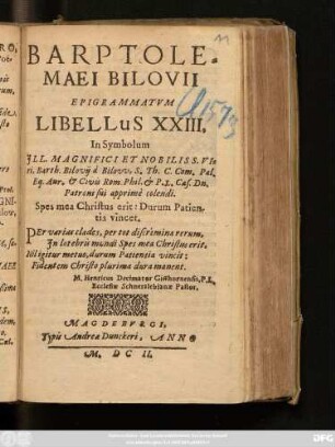 23: Barptholomaei Bilovii Epigrammatum Libellus ...