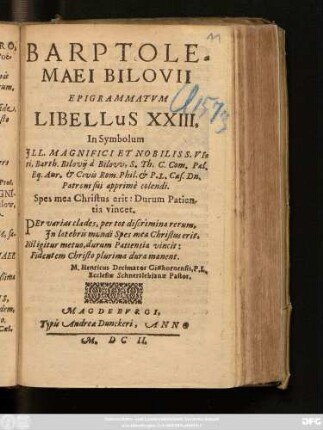 23: Barptholomaei Bilovii Epigrammatum Libellus ...