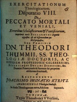 Exercitationum theologicarum disputatio VIII., de peccato mortali et veniali