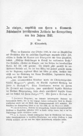 Zu einigen, angeblich von Herrn v. Bismarck-Schönhausen herrührenden Artikeln der Kreuzzeitung aus den Jahren 1848