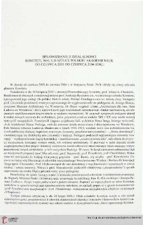 Sprawozdanie z działalności Komitetu Nauk o Sztuce Polskiej Akademii Nauk od czerwca 2005 do czerwca 2006 roku