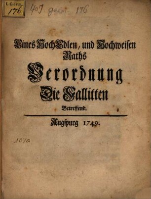 Eines HochEdlen, und Hochweisen Raths Verordnung, Die Fallitten Betreffend